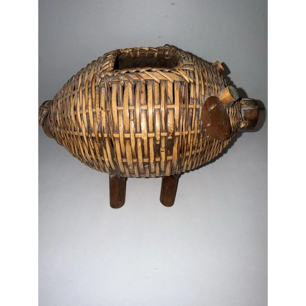 Vintage woven bamboo wicker pig basket planter boho cottagecore decor farmhouse